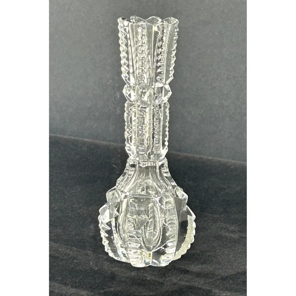 Vintage Clear Pressed Glass Bud Vase Sawtooth Rim Geometric Pattern 4.25 Inch